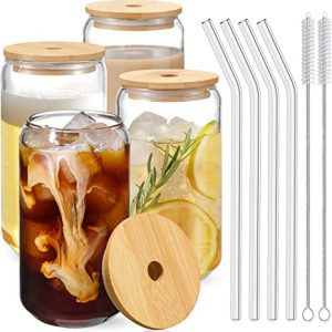 Drinking Glasses with Bamboo Lids and Glass Straw 4pcs Set